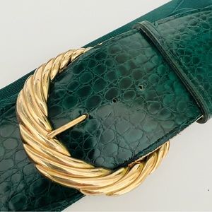 Vintage Belt 80s old money Croc embossed big buckle green gold